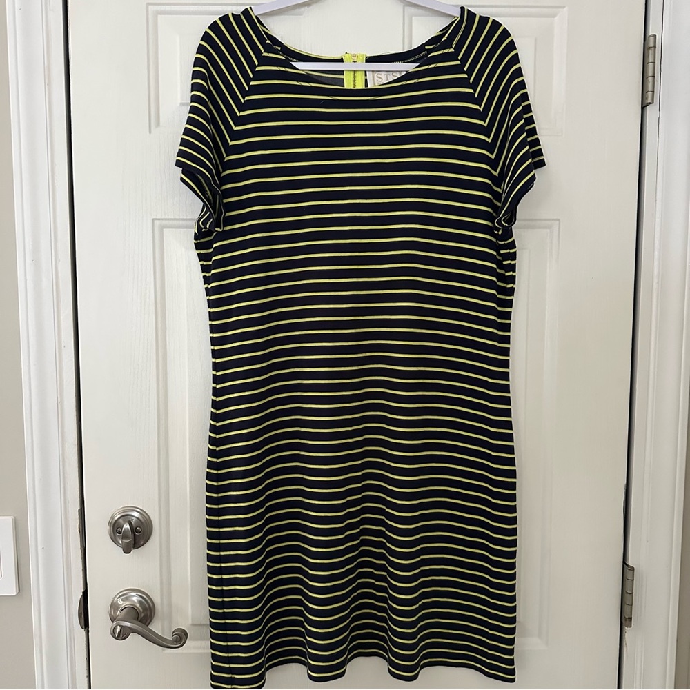 Sail to Sable Navy Blue & Lime Green Striped T Shirt Dress Size XL